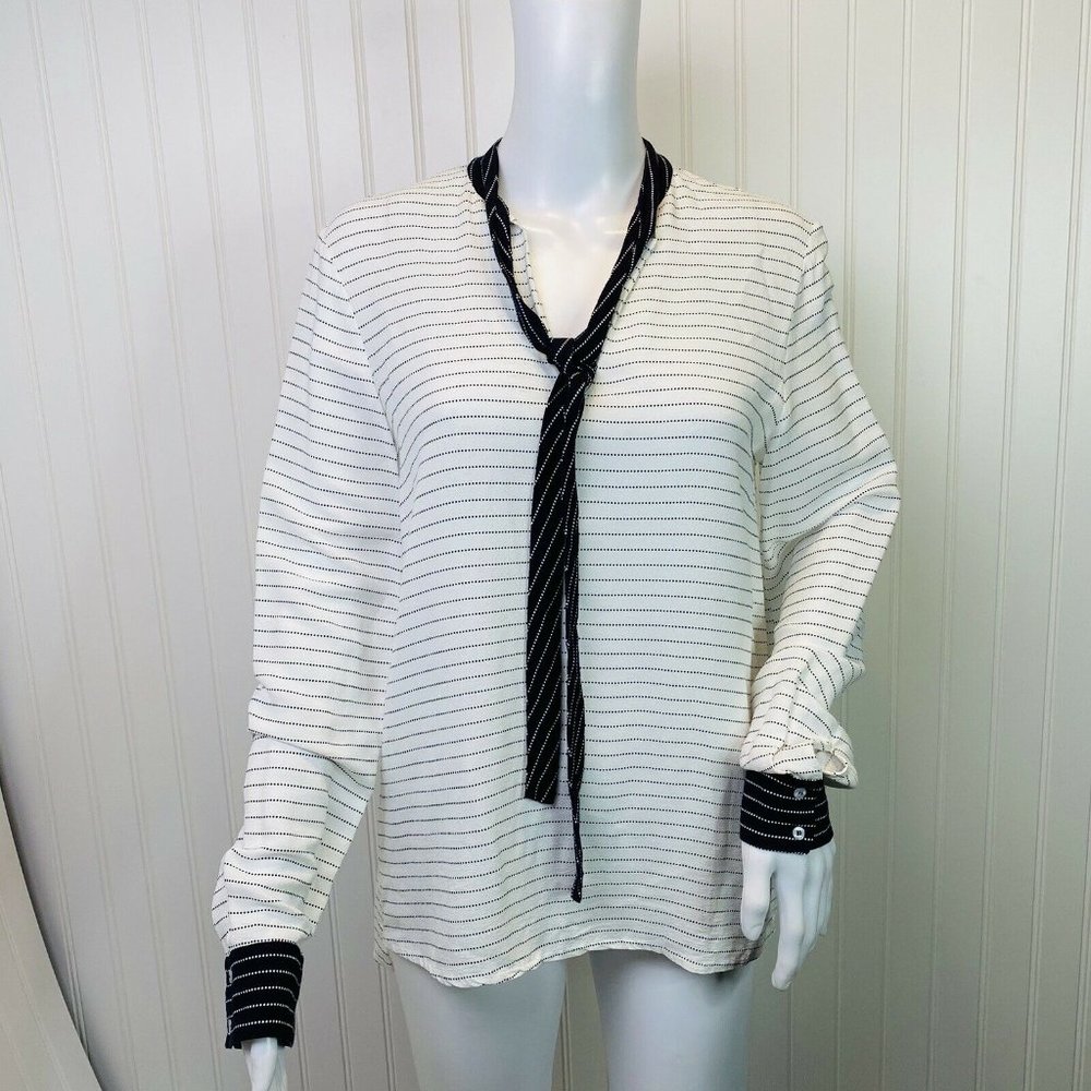 Zara Top White Black Stripe Tie Neck Long Sleeve